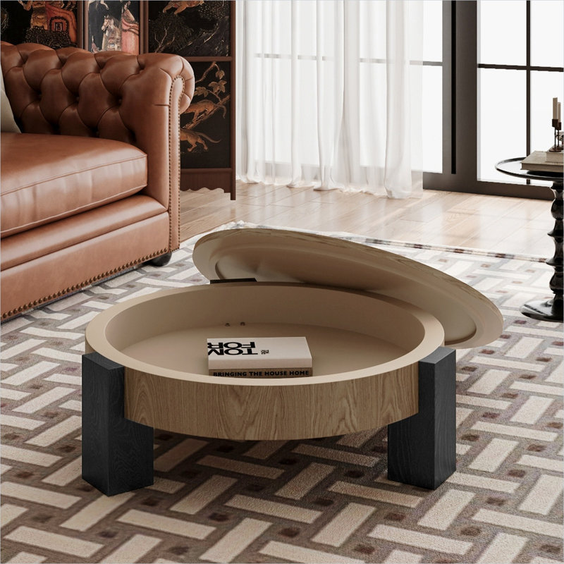 Table basse ronde avec rangement rabattable et placage de parquet, bois naturel et noir mat