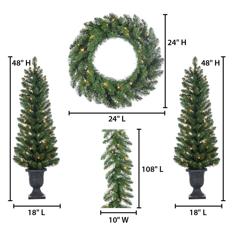 4 Piece Vancouver Pine Holiday Decor Set with Warm White LED Lights