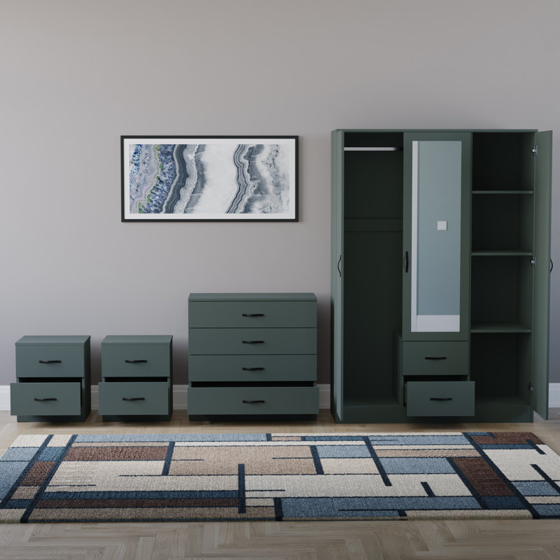 Tayce 4 Piece Bedroom Set (2 Drawer Bedside Chest, 4 Drawer Chest, 3 Door 2 Drawer Mirrored Wardrobe), Green