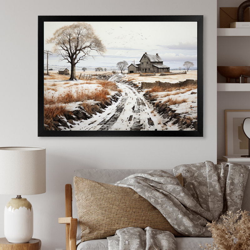 " Winter Farm Monochrome Harvest I ", Cadre simple noir, H 16 po x l 32 po x P 1 po