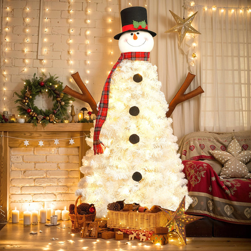 Arbre de Noël illuminé 4 pi avec 100 lumières, arbre de Noël artificiel en forme de bonhomme de neige, arbre de Noël avec 380 branches, décoration de fête en PVC à l'intérieur et à l'extérieur