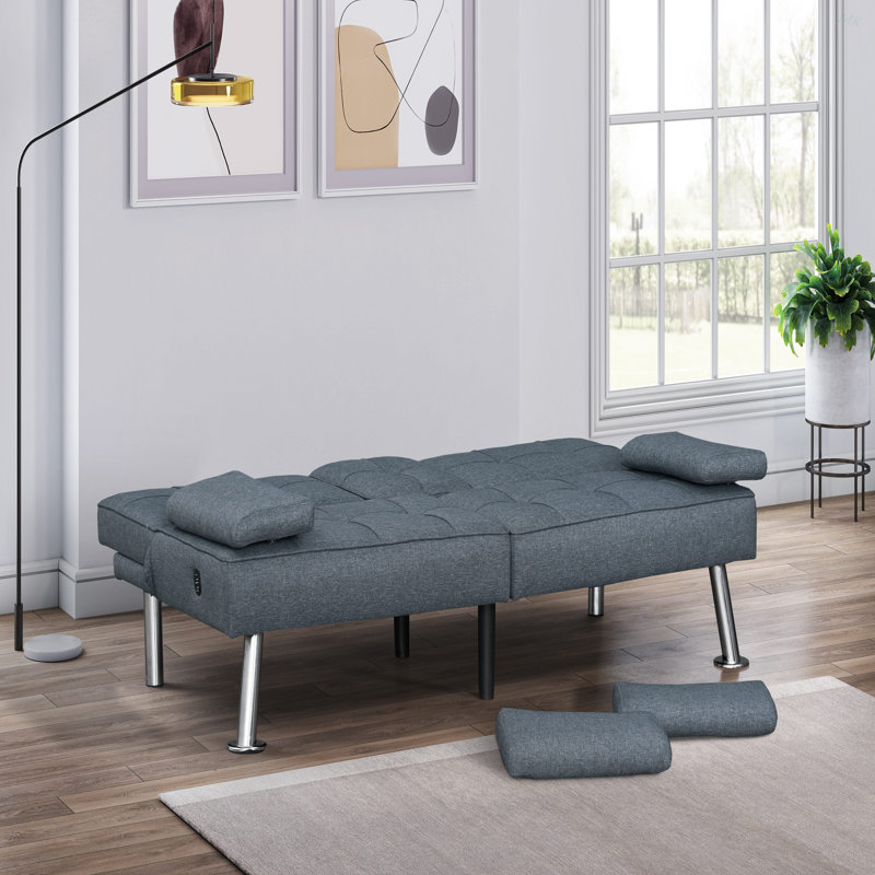 Canapé-lit convertible moderne en tissu gris avec ports USB et porte-gobelets rabattables