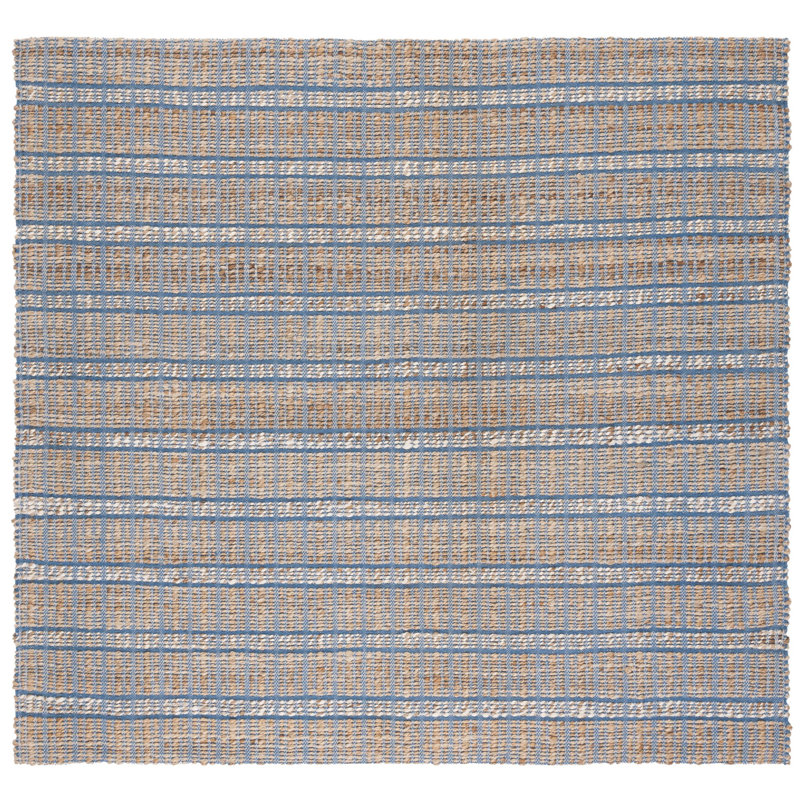 Oullins Natural Fiber Flat Weave Jute/Cotton Striped Rug in Blue/Natural, Square 6'6"