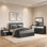 Ensemble de chambre à coucher grand 5 pièces Zoko, 2 tables de chevet USB, miroir de commode gris cendré