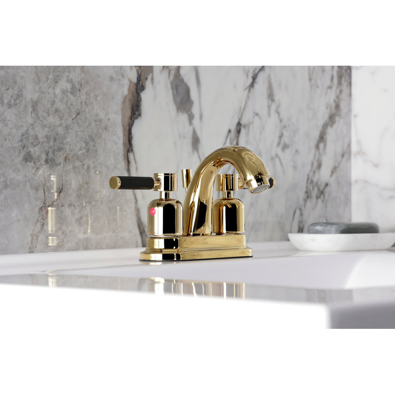 Kingston Brass Kaiser Two-Handle 3-Hole Deck Mount 4" Centerset Bathroom Faucet with Plastic Pop-Up, Polished Brass