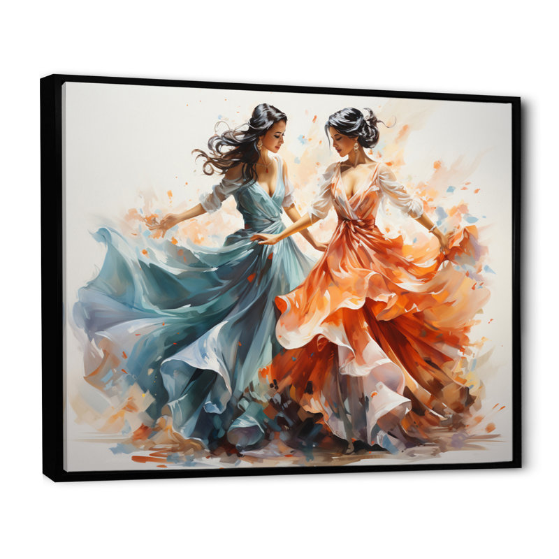 «Peach Blue Indian Art Kathak Dancers», reproduction d'art sur toile, H 16 po x l 32 po, Cadre flottant noir