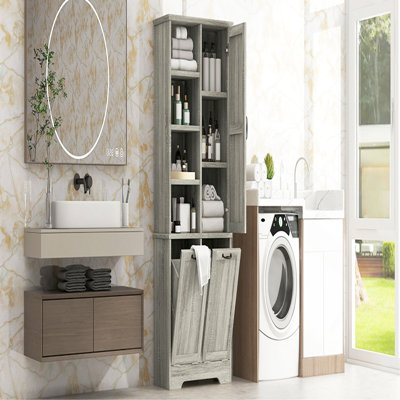 Armoire de rangement pour salle de bain avec portes et tiroirs, panier à linge inclinable, plusieurs espaces de rangement, style autoportant, tablette ouverte, tablette réglable