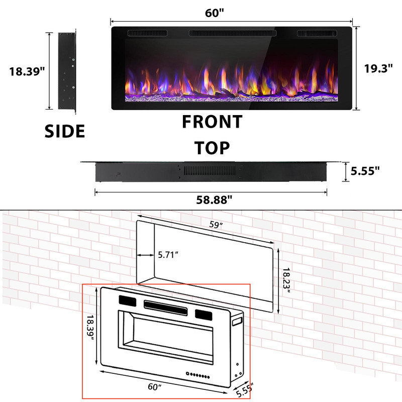 Foyer électronique multifonctionnel à grand écran ultra-étroit, H 19,3 po x l 60 po x P 5,55 po