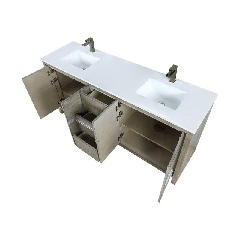 Meuble-lavabo double 72 po Rustic X P 20 po D, dessus en quartz blanc et robinet en métal