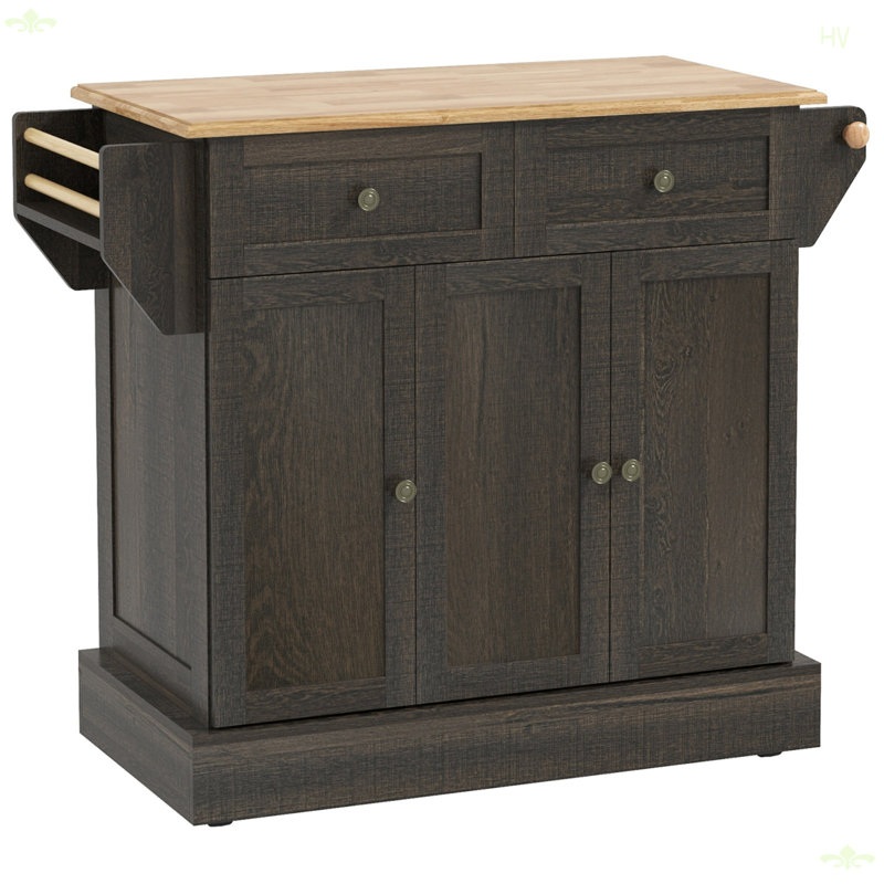 Brown Butcher Block Kitchen Cart with Triple Storage Cabinets