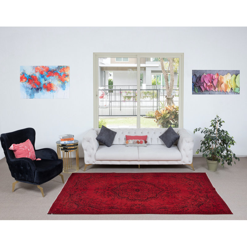 Tapis rouge de 5,6 x 9 pi pour l'intérieur moderne, noué à la main en Anatolie centrale