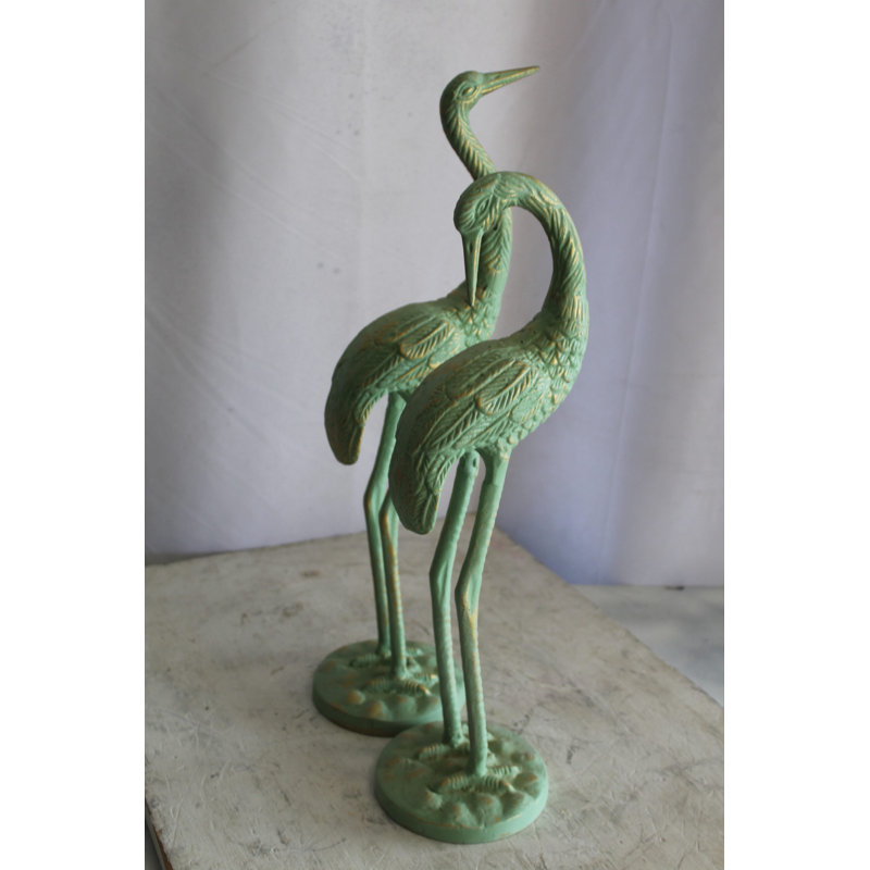Pair of Green Patina Aluminum Crane Sculptures 24" x 14" x 42"H