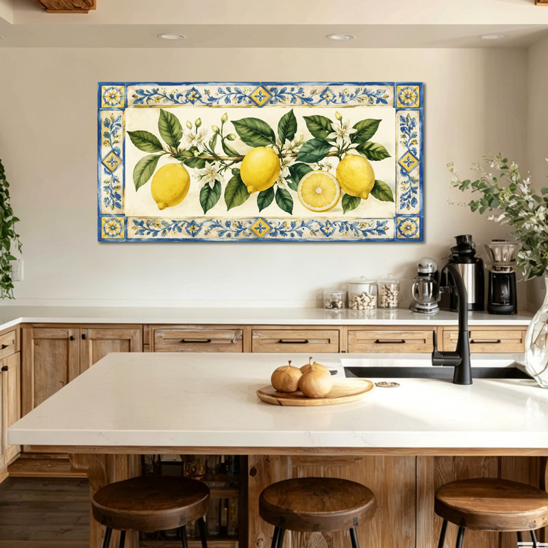 Peinture sur toile Cothran, décoration murale de cuisine méditerranéenne, image vibrante pour la salle à manger ou le vestibule, œuvre d'art sur toile tendue avec châssis jaune et bleu avec cadre intérieur en bois, prête à être suspendue, 12 po x 24 po