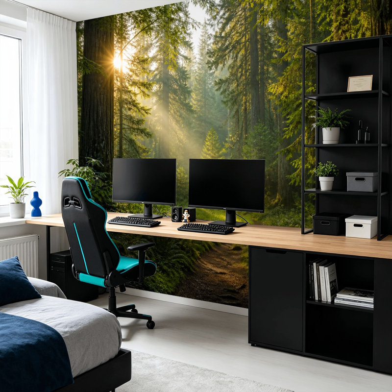 Papier peint mural autocollant « Chemin forestier ensoleillé », grands arbres et feuillage vert, décoration murale moderne pour chambre ou salon, 254 cm (L) x 366 cm (l).