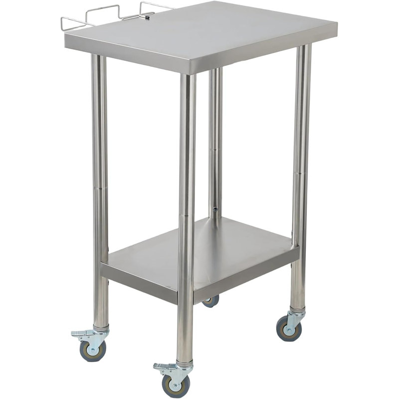 Table de travail 24 * 18 * 35 pouces en acier inoxydable, table de préparation mobile commerciale avec rangement double couche, tablette à déchets, roulettes pivotantes verrouillables et crochets latéraux pour la cuisine et le laboratoire