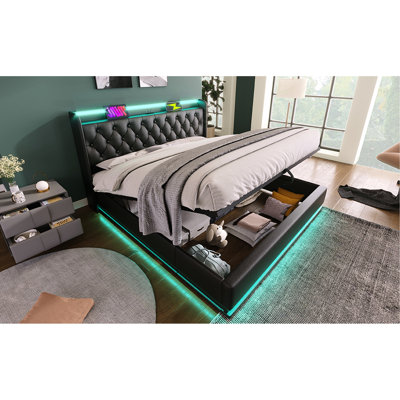 Full Size Bed With 360 Degree Led, Hydraulic Storage, Type-C Charge, Black Pu