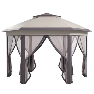 4.05 x 3.4m Beige Pop Up Gazebo with Mesh Curtains, Hexagon Double Roof Garden Canopy Party Tent with Carry Bag