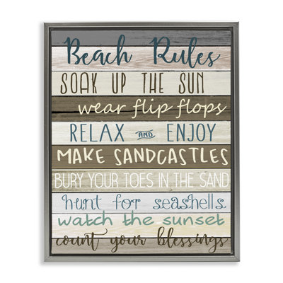 Nautical Fun Beach Rules Brown Grain Framed Floater Canvas Wall Art by Kim Allen