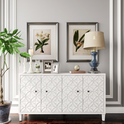4 Door Accent Wooden Cabinet Sideboard, Buffet Server Storage White Wash. For Different Areas Including Living Room, Entryway, Hallway, Office, Kitchen And Dining. Adjustable Shelves. Robust . Simple