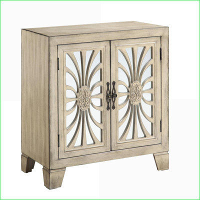 Table basse blanche antique avec portes en miroir - Pieds fuselés, rangement caché pour le salon