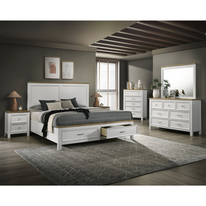 Ensemble de lit plateforme avec 3 tiroirs de rangement blancs et 2 tiroirs et 2 tiroirs, King