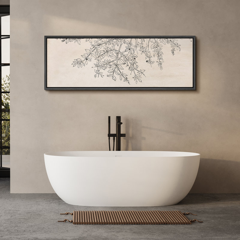 «Botanical S croquis», délicate ligne de fleurs et feuilles encadrée sur toile, H 20 po x l 60 po, Noir, noir, noir, noir