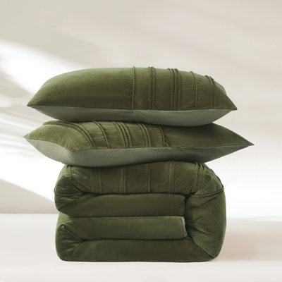 Pleated Groove Velvet Cotton Duvet Cover Green 3 Piece Set Queen