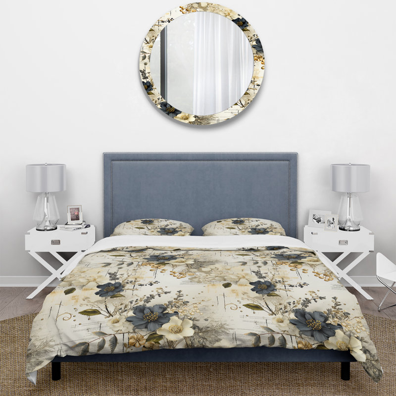 Literie à fleurs géométriques grises et beiges, Housse de couette pour grand lit et 2 taies décor