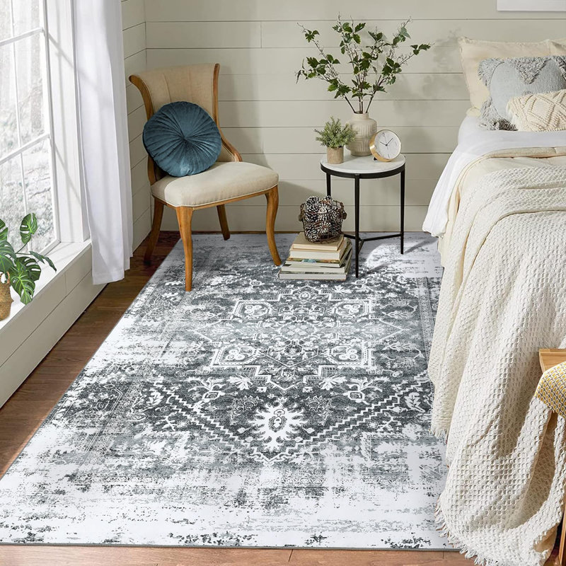 Rectangle Floral Washable Area Rug, Gray, Rectangle 200 x 290 cm