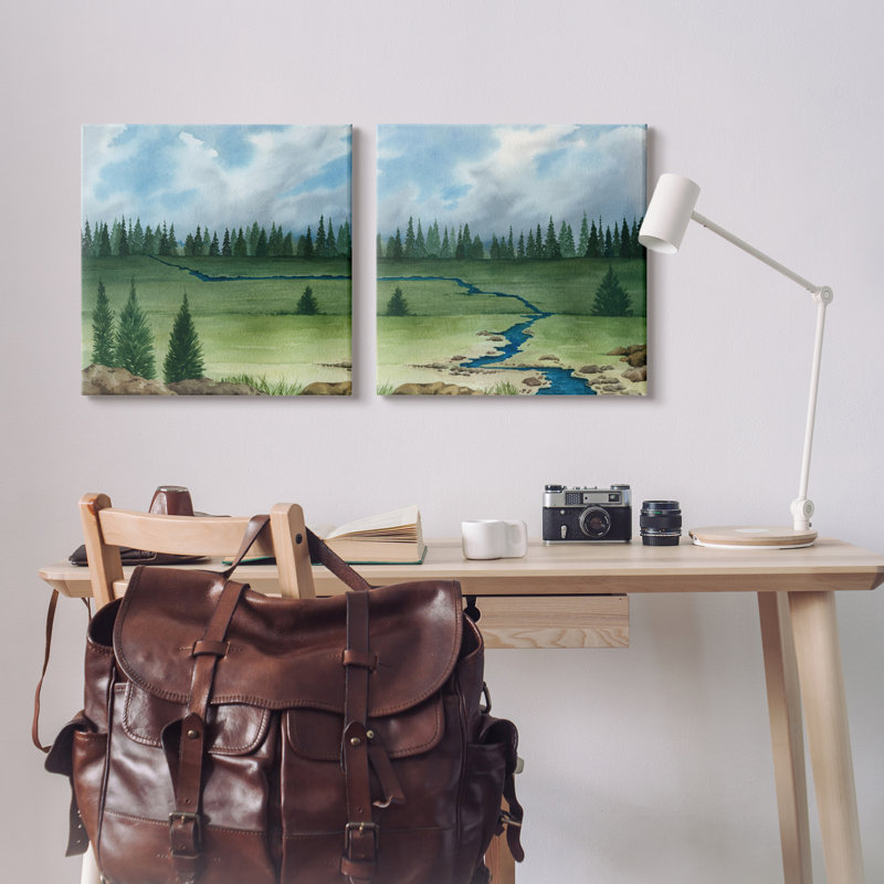 «Distant Stream Trees Nature Landscape» par Grace Popp - peinture 2 pièces, H 24 po x l 48 po x P 1,5 po, Toile tendue