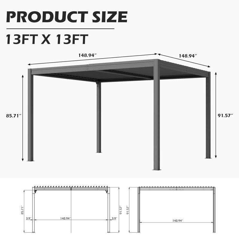 Pergola d'extérieur en métal avec toit réglable et système de drainage Domi, 91.57" H x 148.94" W x 148.94" D, Gris