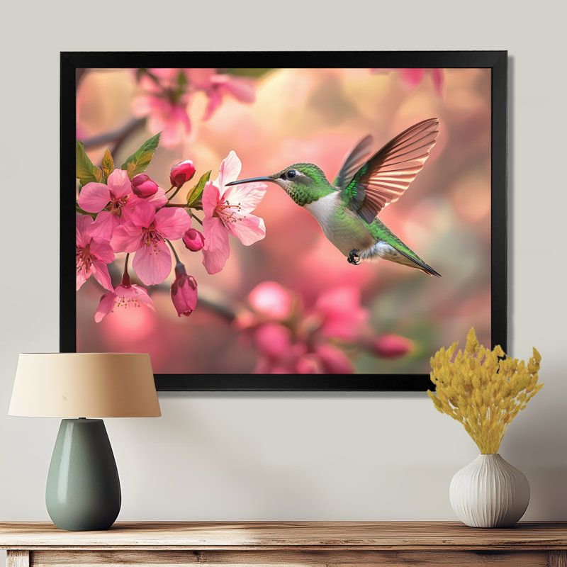 Colibri et fleurs - oiseau, art mural, Cadre simple, Noir, H 12 po x l 20 po