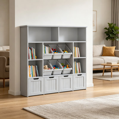 Bibliothèque pour enfants avec 4 tiroirs mobiles et 6 casiers de rangement, bibliothèque de rangement de jouets pour salle de jeux pour enfants