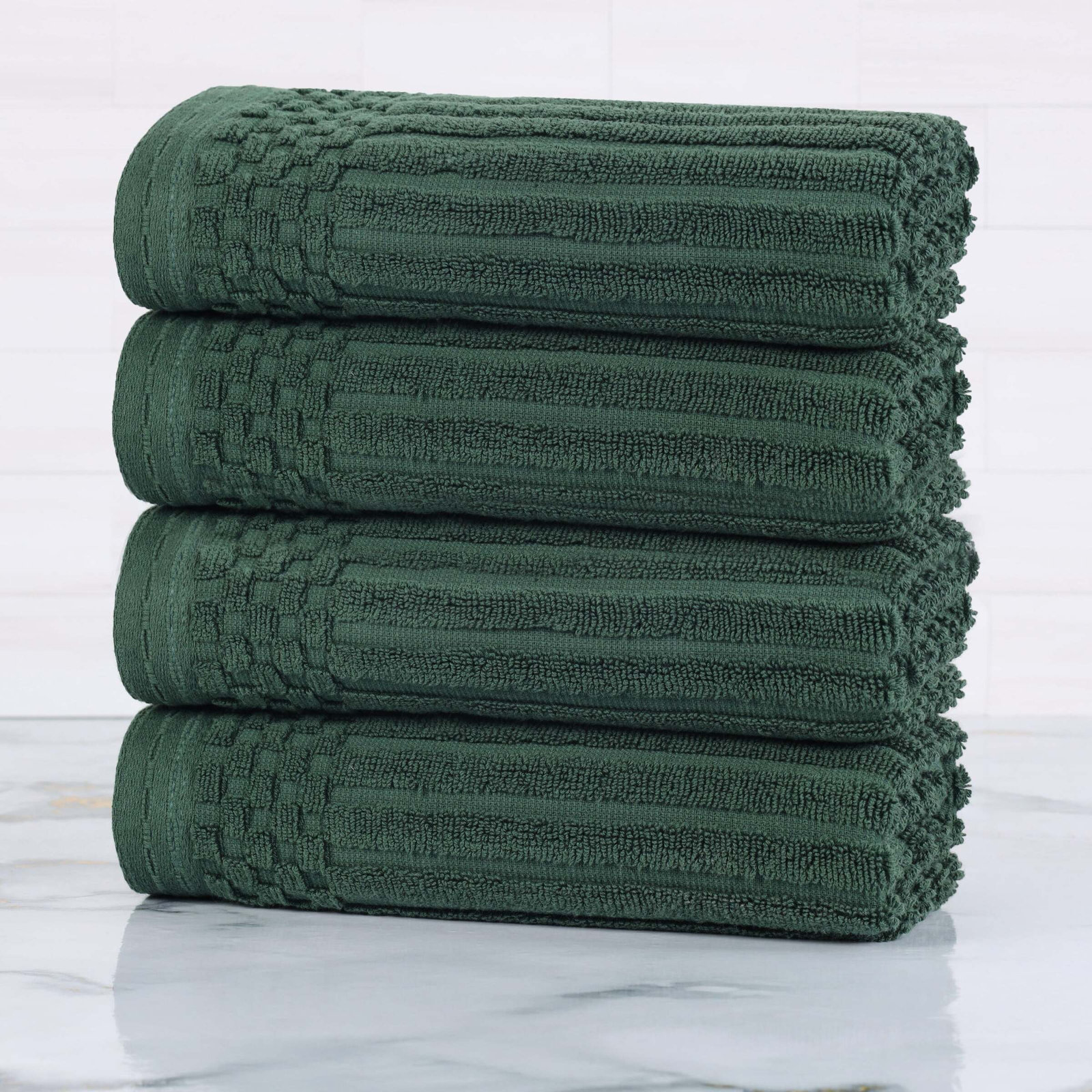Ruvins Cotton Highly Absorbent 8-Piece Solid and Checkered Border Towel Set, Hand Towel 4-Pack, Forest Green