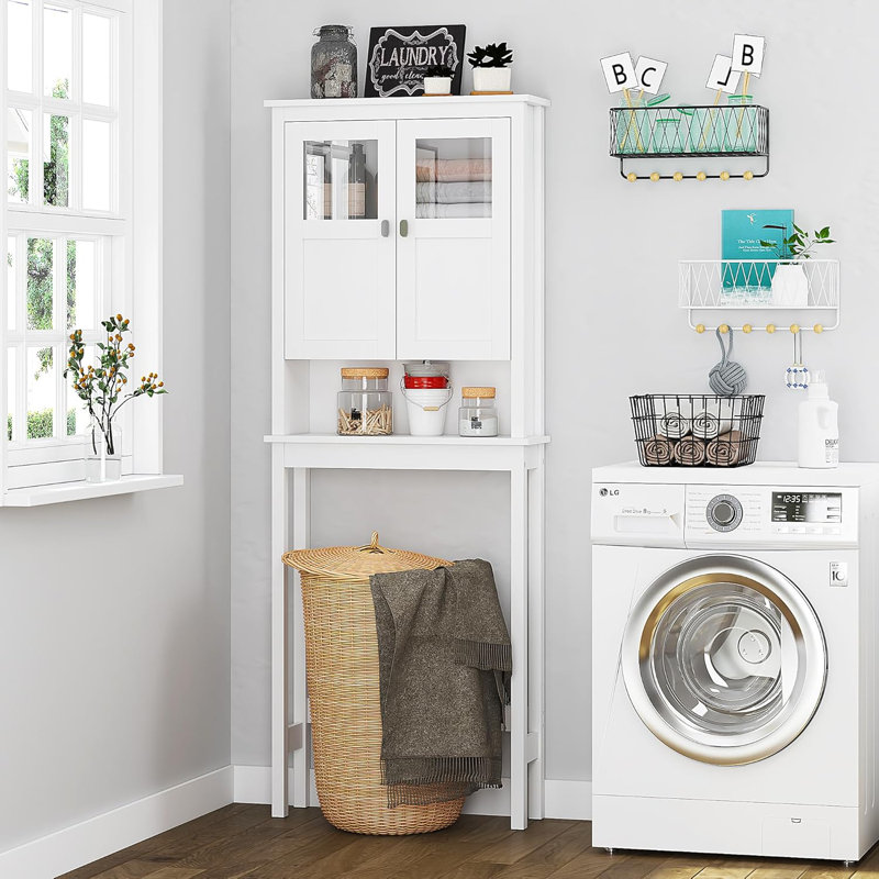 White Over-the-Toilet Bathroom Storage Cabinet with Glass Doors
