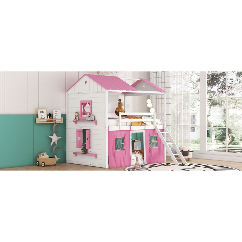Lit superposé en bois avec fenêtres élégantes, Rose, Lit double