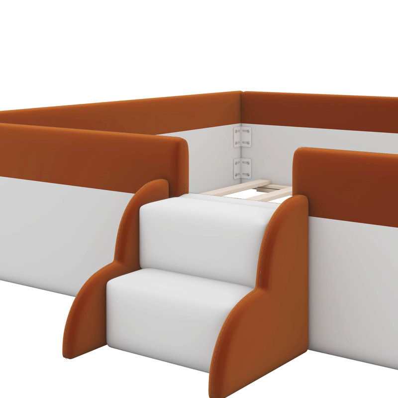 Upholstered Daybed Frame With Fence And Stairs, Brown/White, Queen