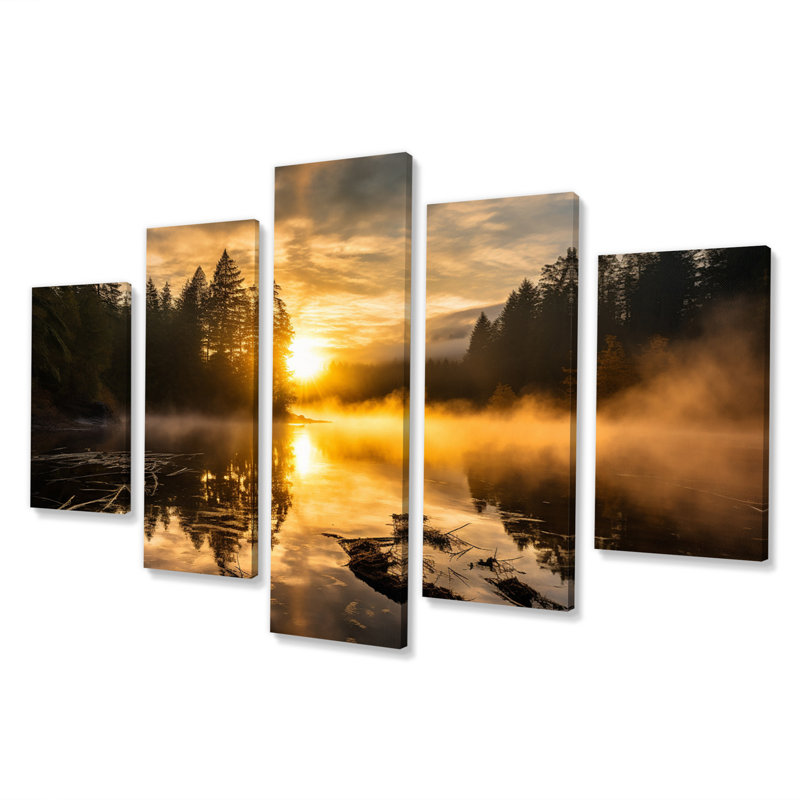 Misty Morning Over The River avec Golden Sunrise I - décoration murale lac - 5 panneaux