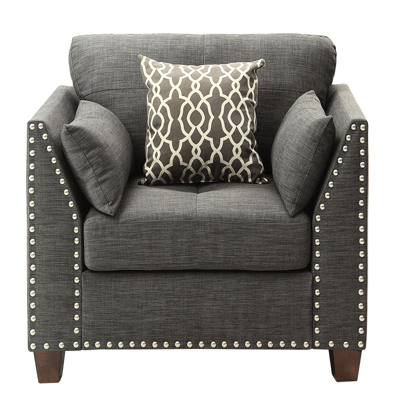 Élégant fauteuil d'appoint gris anthracite avec coussins et garniture cloutée pour tout oreiller doux au look classique