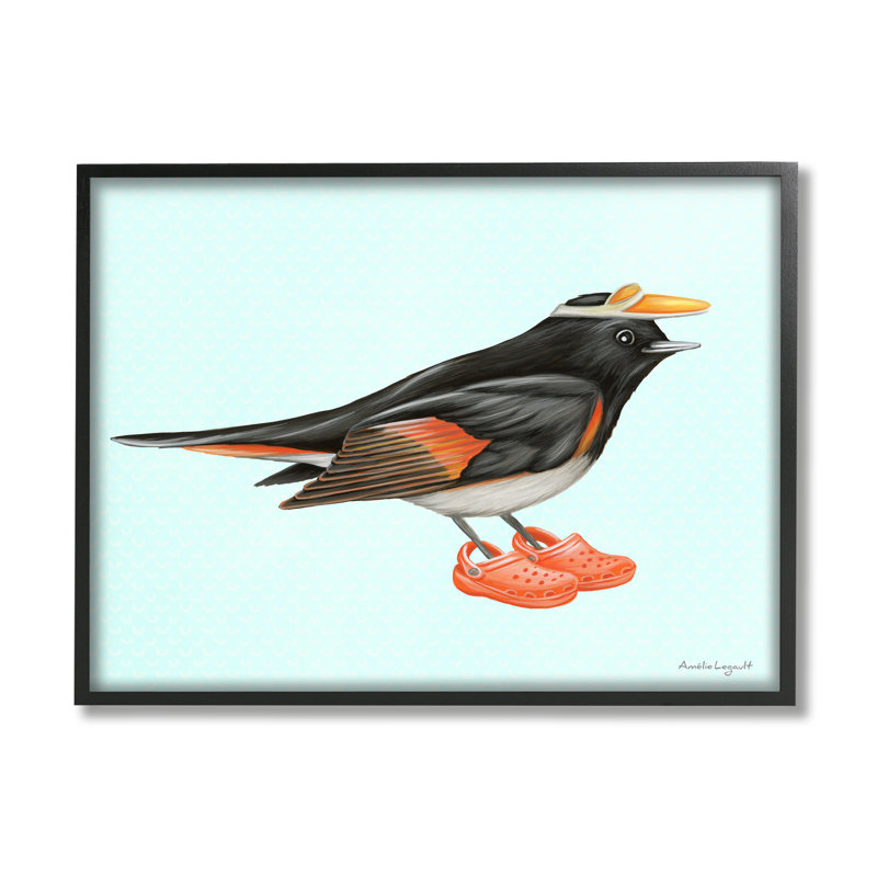 Oiseau noir orange portant des crampons en caoutchouc, giclée, ensemble d'art texturé par Amelie Legault, L 14 po x H 11 po