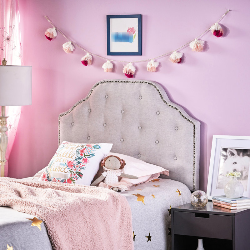 Headboard For Bed With Diamond Stitch And Adjustable Legs In Impressive Nailhead Accents Button Tufting, Light Gray