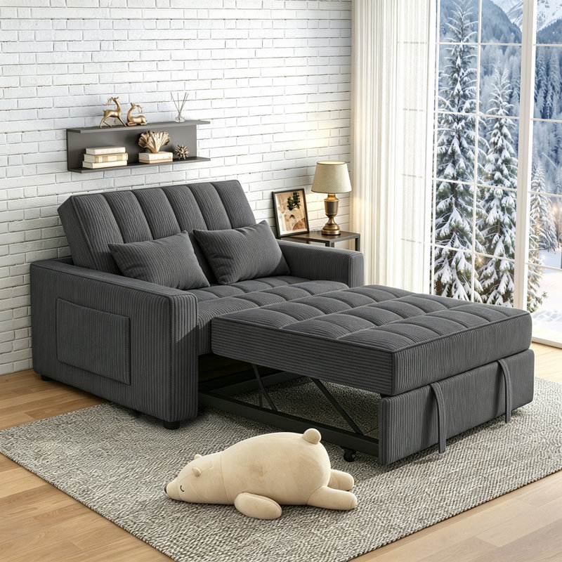 53.2'' Upholstered Convertible Sleeper Sofa, Dark Gray Corduroy