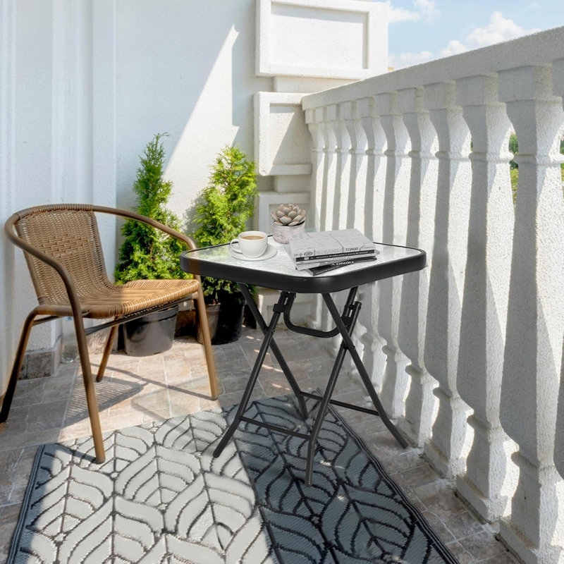 Folding Patio Side Table with Square Tempered Glass Tabletop
