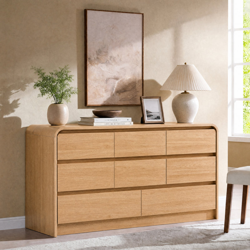 Commode moderne à 8 tiroirs de 55 po de largeur avec profil profilé incurvé pour chambre à coucher, salon, Naturel