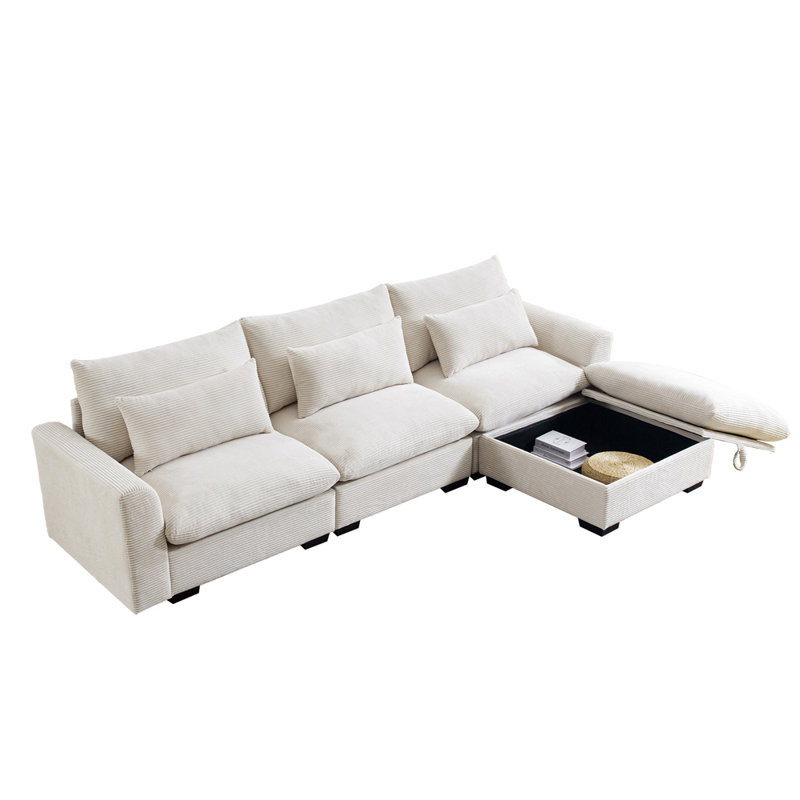 Sectional Sofa L Shaped Couch with Storage Footstool and 3 Pillow, Beige Corduroy, 34.6" H x 122" W x 33.8" D