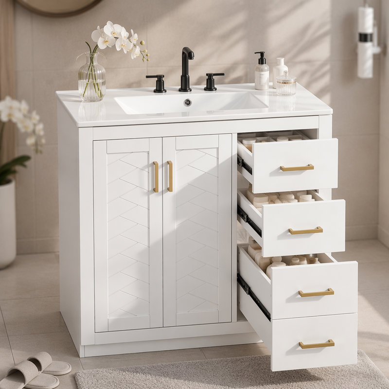 Ensemble de meuble-lavabo 36 po avec lavabo en céramique, armoire de rangement en bois massif, ensemble de meuble-lavabo autoportant avec 3 tiroirs et portes à fermeture douce