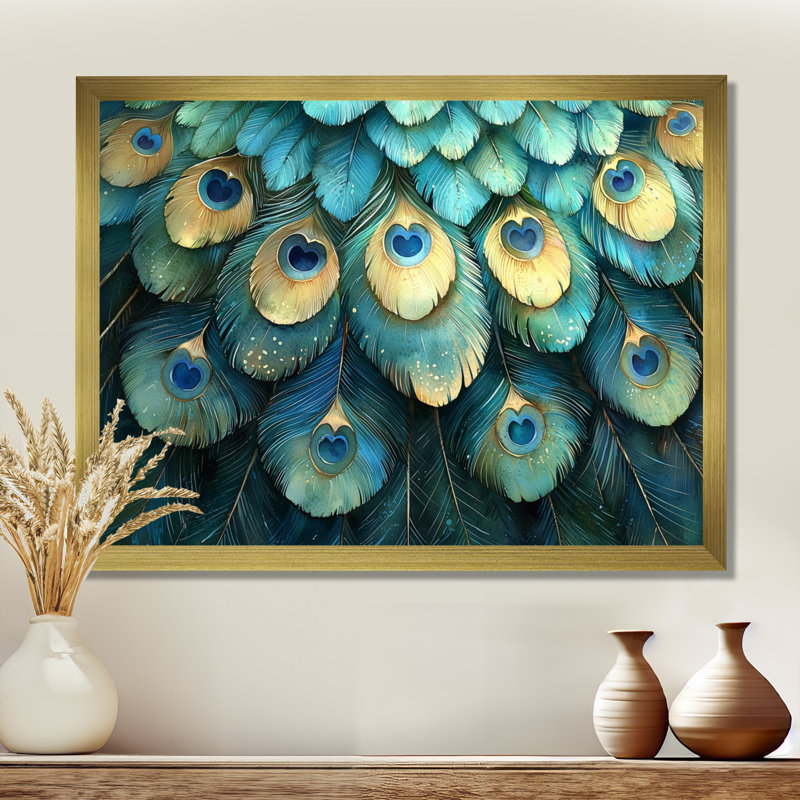 Collage de plumes de paon bleu et vert Grinstead II - oiseau, art mural, H 12 po x l 20 po, Cadre simple, Or