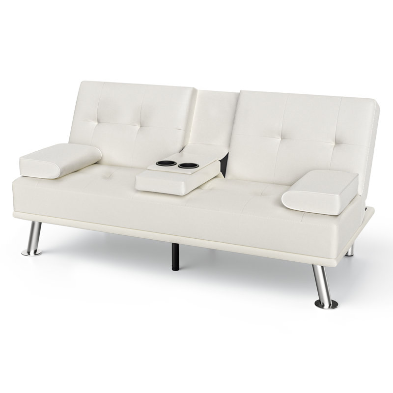 Modern Convertible Futon Sofa Bed Adjustable Recliner With Cup Holders & 600 Lbs Capacity, Black Faux Leather