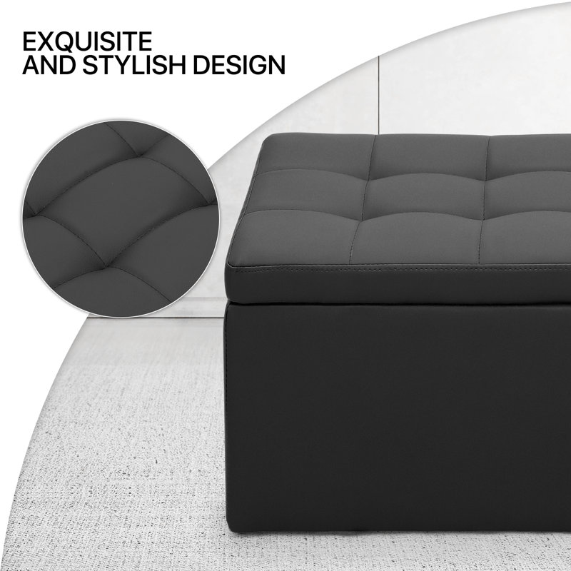 Tufted Storage Ottoman Upholstered End of Bed Footstool Storage Toy Box Footrest Footstool Organizer, Black
