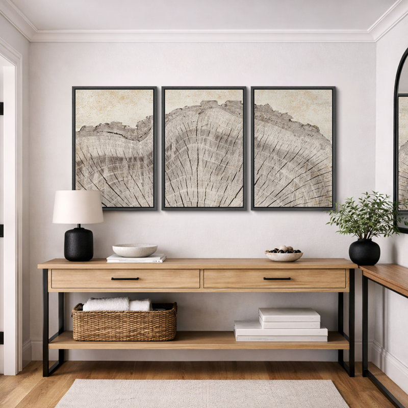 Tree Ring "Rustic Oak Wood Stump Artwork, Farmhouse Cabin Decor Neutral Wall Pictures, 3 Pieces Framed Canvas Digital Giclee Print Wall Art"